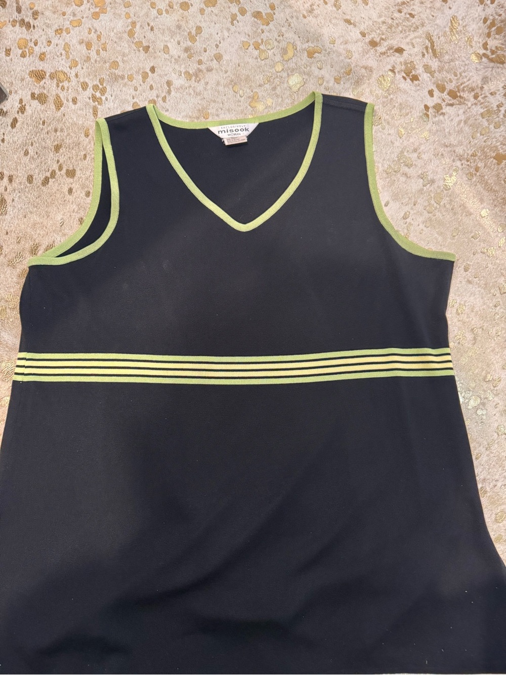 Misook Black Sleeveless V-Neck Top with Lime Green Trim and Stripe